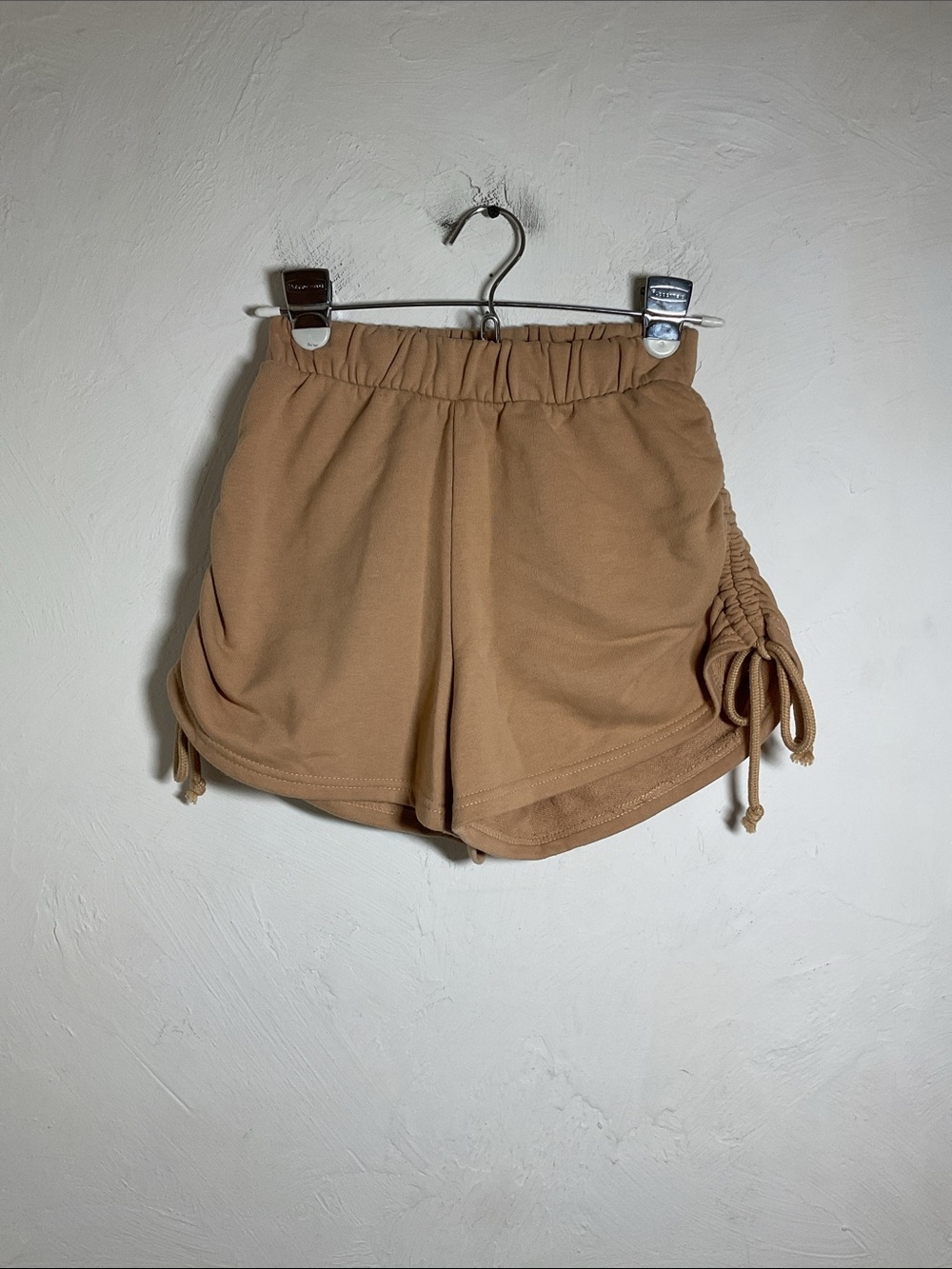 Forever 21 Tan Fleece Sweat Shorts Ruched Drawstring Sides Size S
